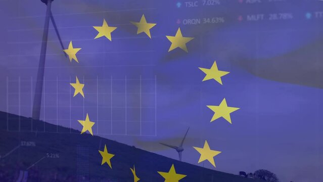 Animation of flag of eu and data processing over wind turbines - Powered by Adobe