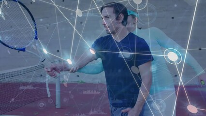 Animation of network of connections with data processing over diverse tennis players at court - Powered by Adobe