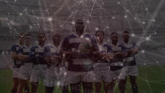 Animation of network of connections with data processing over diverse rugby players at stadium