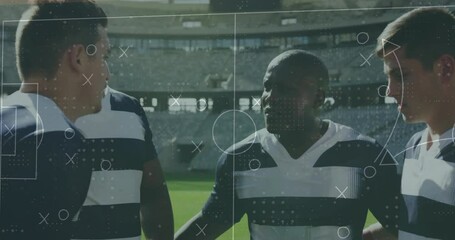 Animation of game plan over diverse male rugby players
