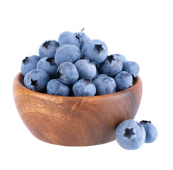 Fresh blueberry in wooden bowl, isolated on white background. Bilberry or whortleberry. Clipping path.