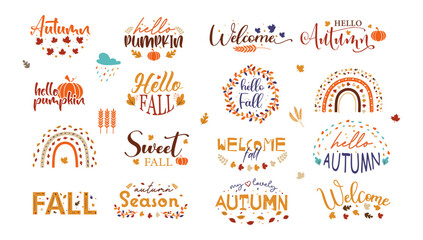 Autumn set of hand drawn phrases with cute and cozy design elements. Fall, Thanksgiving Day, Pumpkin season. Vector illustration
