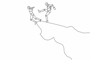 Single one line drawing robot kick throw colleague off cliff or hill. Eliminate rival coworker. Rivalry and competition. Future technology development. Continuous line draw design vector illustration