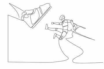 Continuous one line drawing robot kick giant foot stomp. Robot doing flying kick to big boot. Humanoid cybernetic organism. Future robotic development. Single line design vector graphic illustration