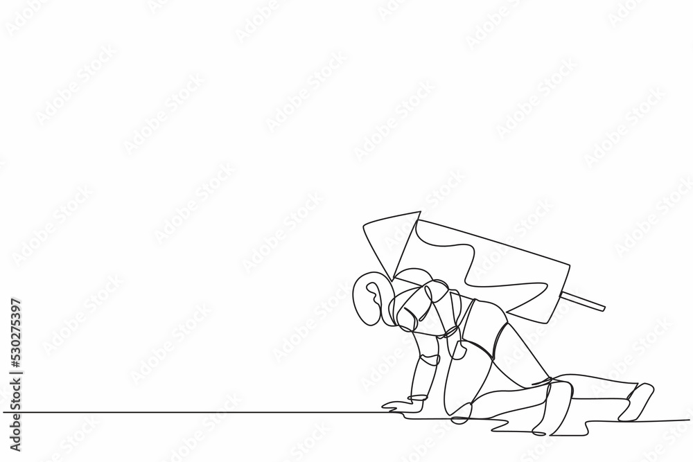 Poster continuous one line drawing robot with rocket on back stand on start ready for tech business race. h