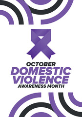Domestic Violence Awareness Month in October. Celebrate annual in United States. Awareness purple ribbon. Day of Unity. Prevention campaign. Stop women abuse. Poster, banner and background. Vector