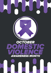 Domestic Violence Awareness Month in October. Celebrate annual in United States. Awareness purple ribbon. Day of Unity. Prevention campaign. Stop women abuse. Poster, banner and background. Vector