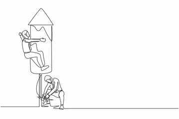 Single continuous line drawing businessman ignites a fireworks rocket while his teammates prepare to fly on the rocket. Business motivation metaphor. One line draw graphic design vector illustration