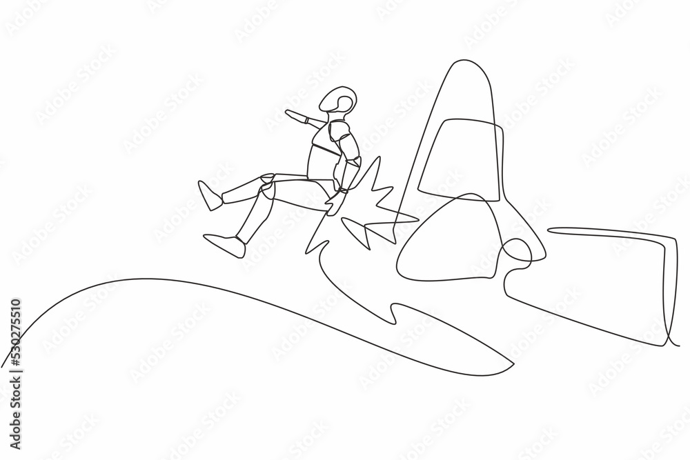 Poster single continuous line drawing robot getting fired, flying through air after being kicked in the bac