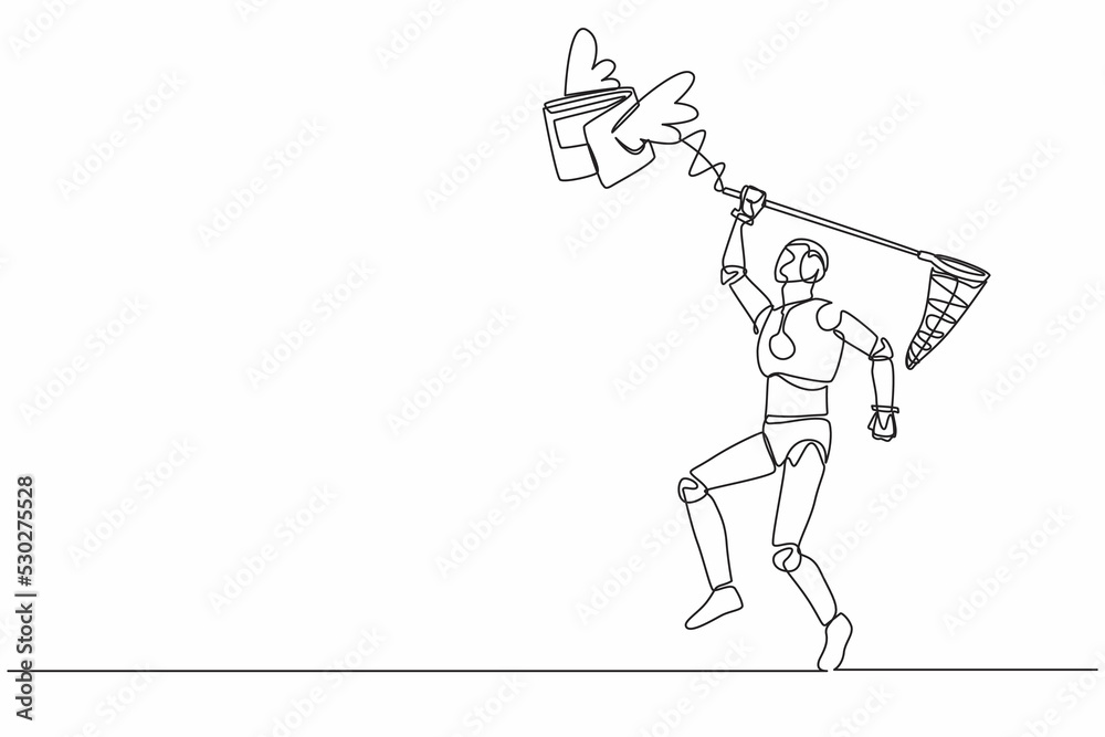 Aufkleber single continuous line drawing robot try to catching flying wallet with butterfly net. losing money 