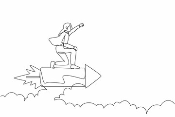 Continuous one line drawing of attractive businesswoman flying high riding firework rocket. Ready to transformation and launching new idea startup business. Single line draw design vector illustration