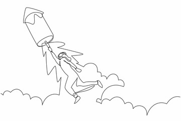 Continuous one line drawing Arab businessman fly on fireworks rockets and looking business opportunities. Excited executive director prepare for project launch. Single line design vector illustration
