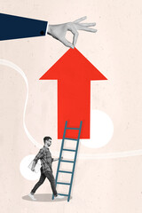 Vertical collage portrait of huge human arm hold arrow up little guy climb ladder isolated on...