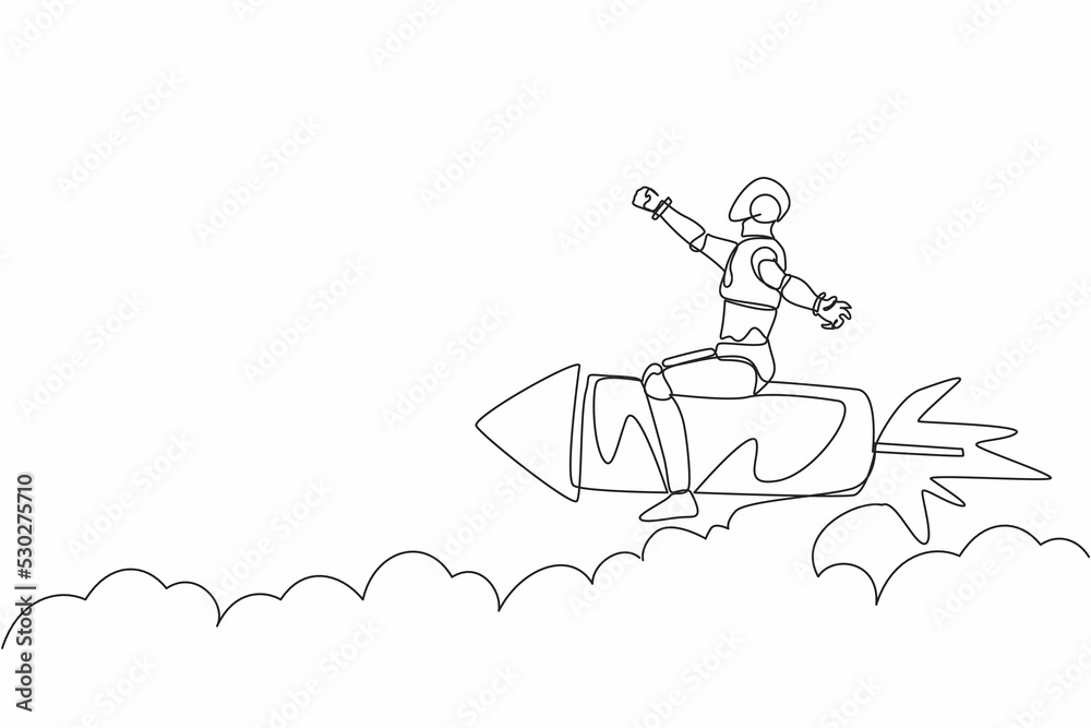 Poster single one line drawing robot flying high riding firework rocket. future technology development. art