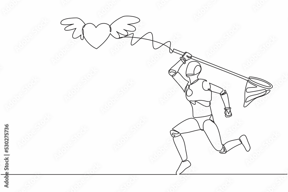Poster single one line drawing robot try to catching flying heart with butterfly net. love relationship wit