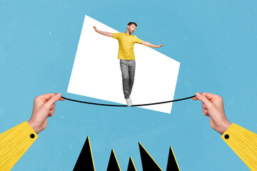 Composite collage illustration of human arms fingers hold rope small guy walking keep balance...