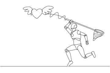 Single one line drawing robot try to catching flying heart with butterfly net. Love relationship with technology. Future technology. Artificial intelligence. Continuous line design vector illustration