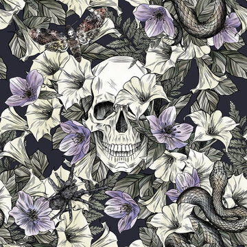 Watercolor skull and poison flowers pattern.Colorful seamless halloween pattern. Perfect for greetings, invitations, manufacture wrapping paper, textile and web design. Watercolor dark gothic pattern.