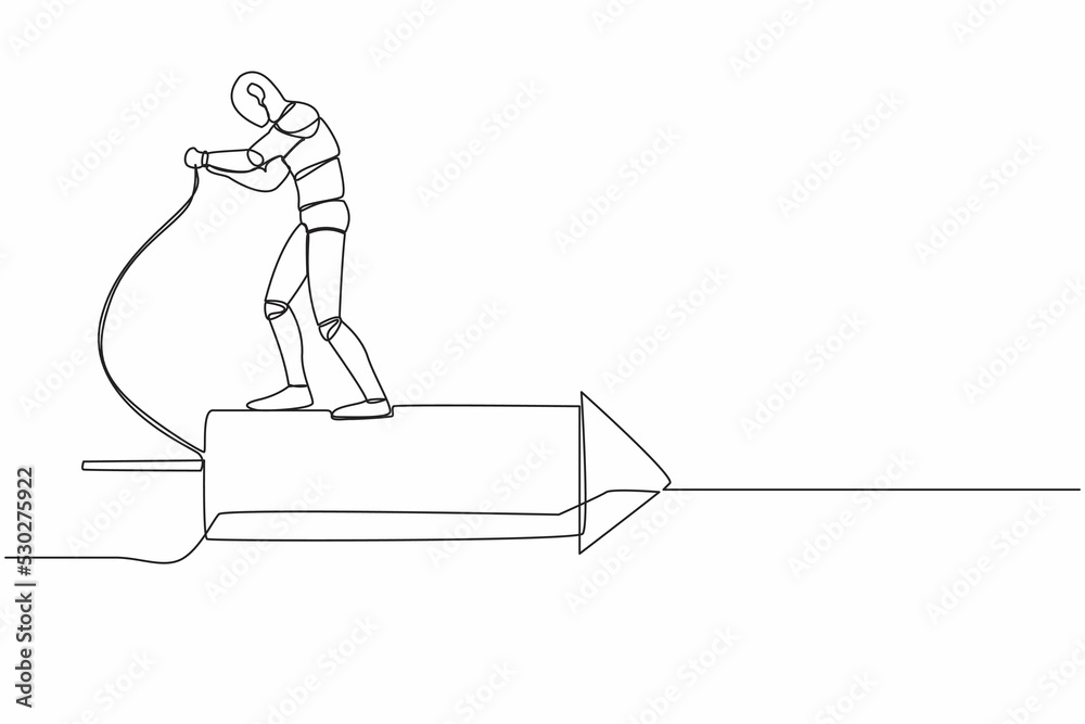 Poster single one line drawing robot standing on the firework rocket and ignite it to boost machine learnin