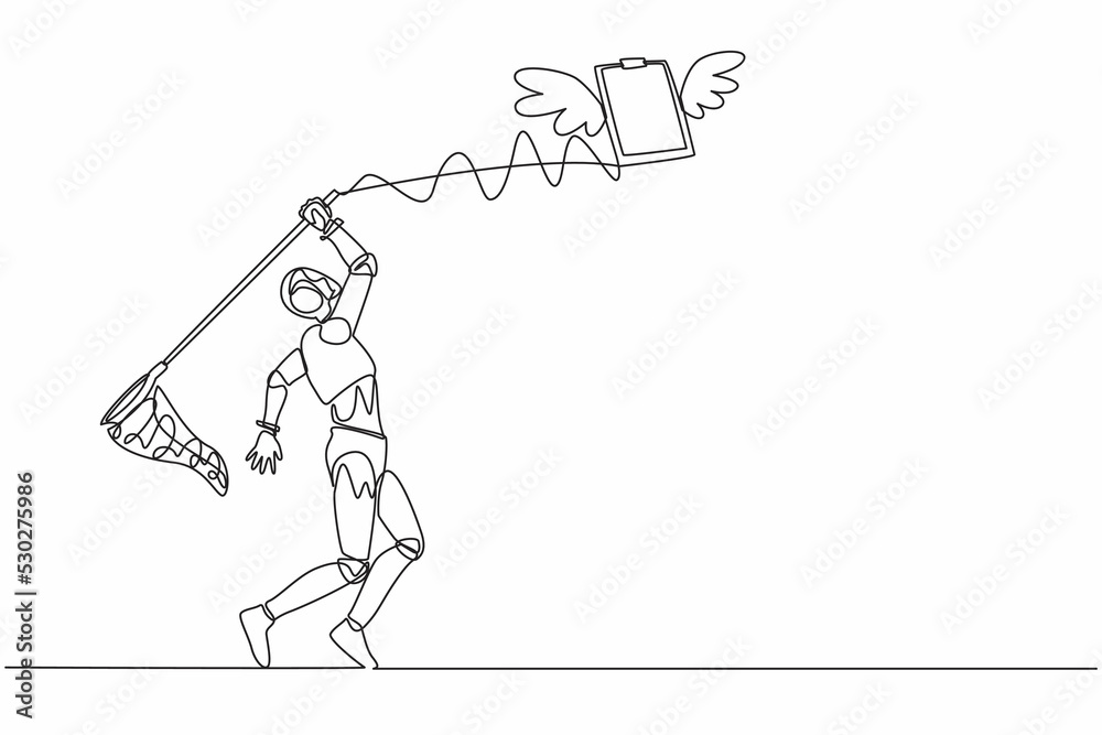 Poster single continuous line drawing robot try to catching flying clipboard with butterfly net. technology
