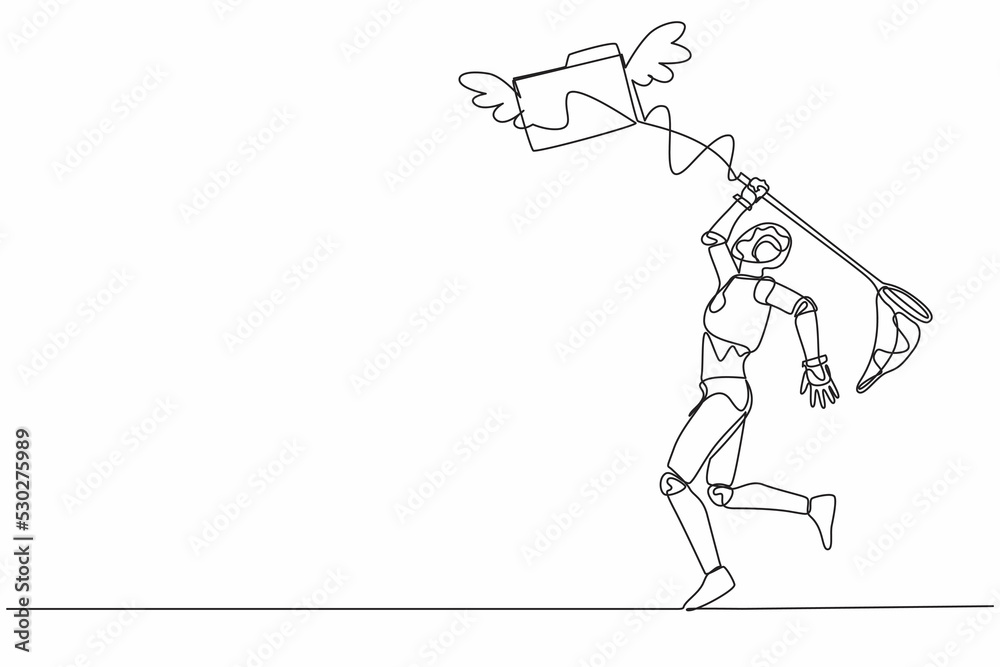 Poster continuous one line drawing robot try to catch flying folder with butterfly net. analyzing tech docu