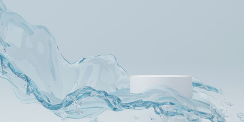 3d cosmetic background. podium with abstract water splash blue background for banner, product or cosmetics presentation. 3d rendering illustration.