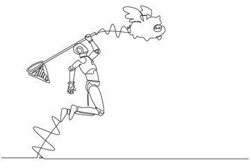 Single one line drawing robot try to catching flying piggy bank with butterfly net. Losing money saving for tech investment. Technology development. Continuous line design graphic vector illustration