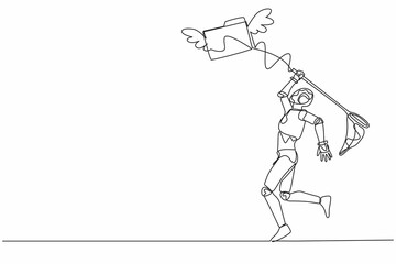 Fototapeta na wymiar Continuous one line drawing robot try to catch flying folder with butterfly net. Analyzing tech document, file archive. Humanoid robot cybernetic organism. Single line draw design vector illustration
