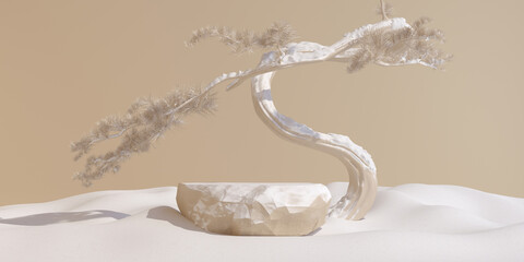 3d abstract snow season product background. japanese style podium and bonsai tree with snow drop brown background for product presentation. 3d rendering illustration.