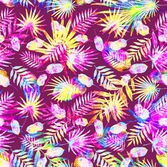 Naklejka na ściany i meble Watercolor seamless pattern with colorful abstract tropical leaves. Bright summer print with exotic plants. Creative trendy botanical textile design. 