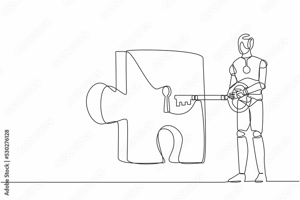 Poster single continuous line drawing robot putting big key into puzzle piece. teamwork and partnership sol