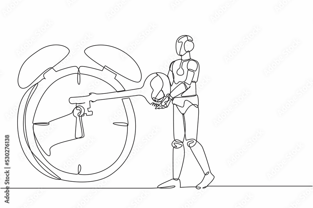 Poster single one line drawing robot putting big key into alarm clock. deadline work to finish. time manage