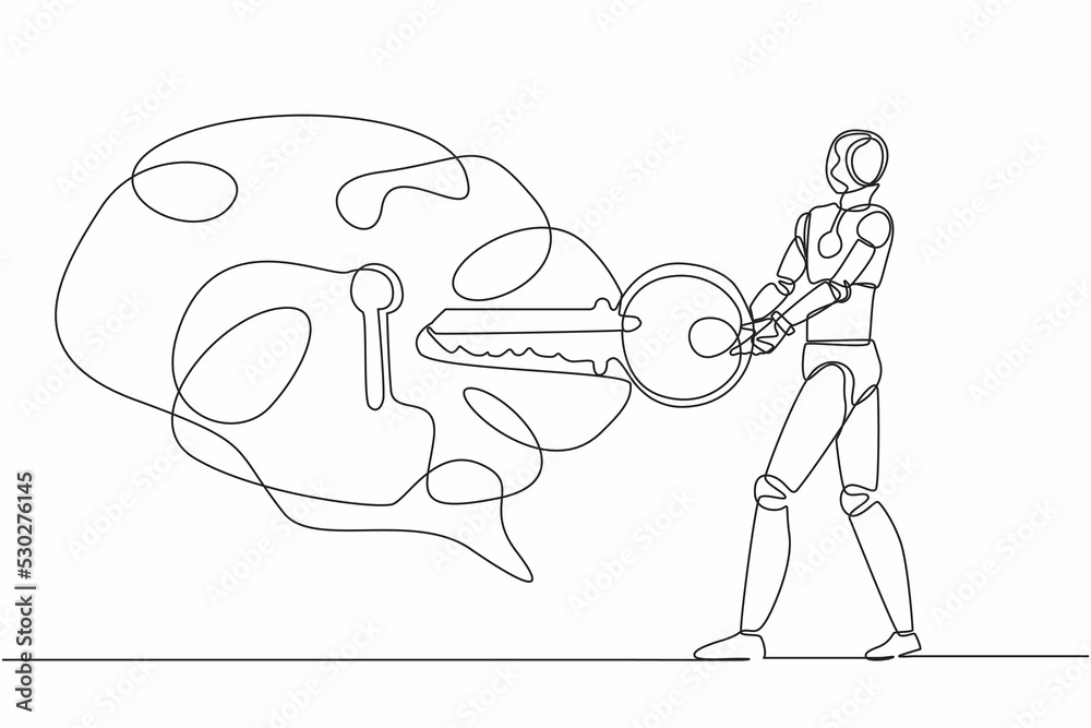 Poster single continuous line drawing robot putting key into brain. unlock personality for better healthy. 