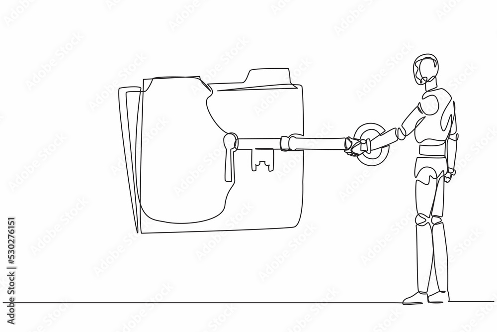 Poster single one line drawing robot put big key into folder. document protection. data security. secret in