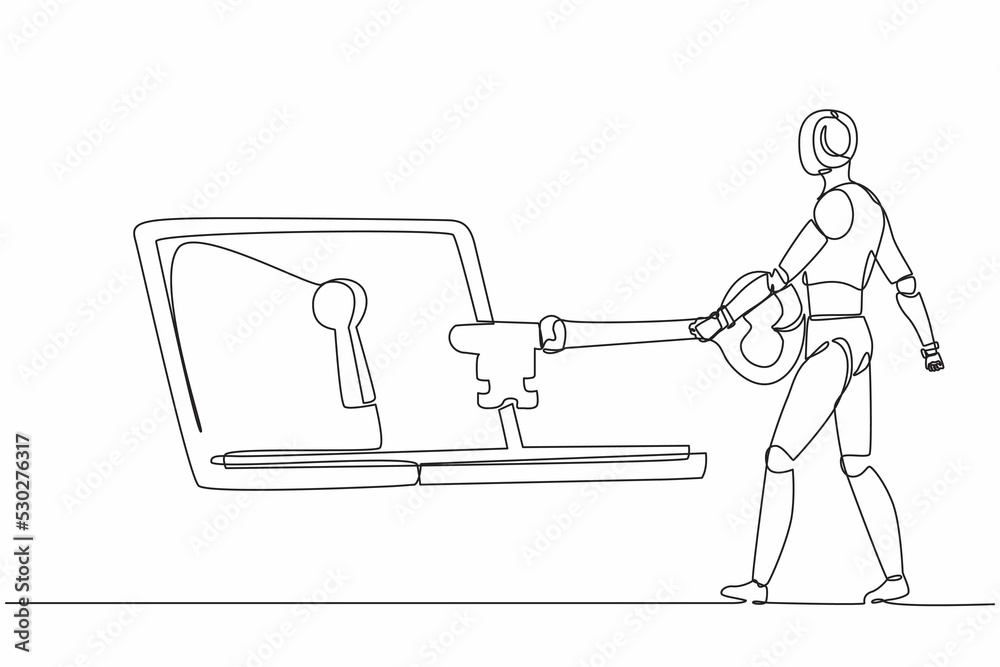 Poster single continuous line drawing robot putting key into laptop. protection internet encryption, access
