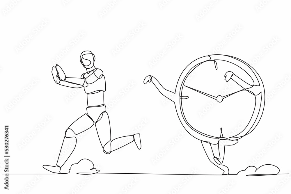 Poster single continuous line drawing stressed robot being chased by time. afraid with project schedule tar