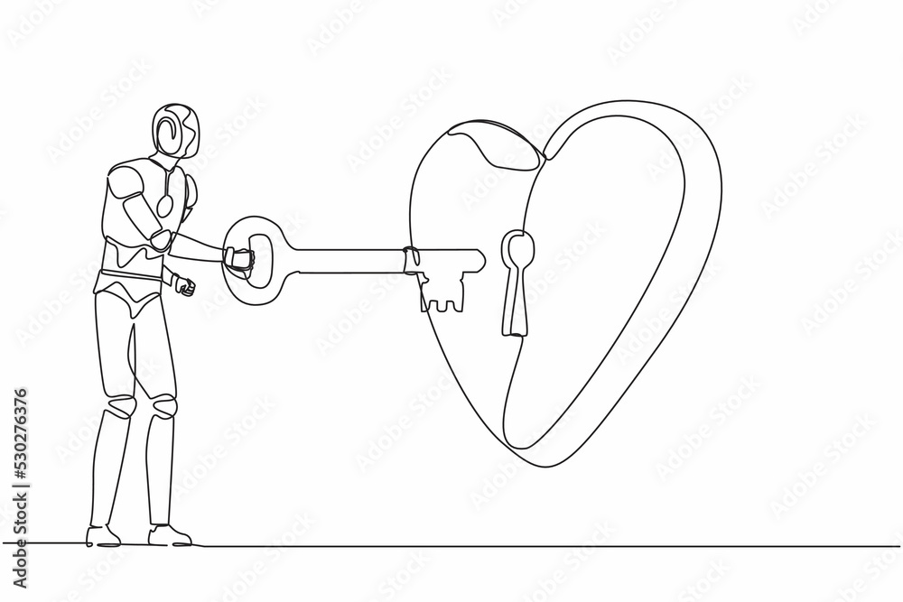 Poster single continuous line drawing robot putting key into heart. humanoid robot try to unlock heart icon