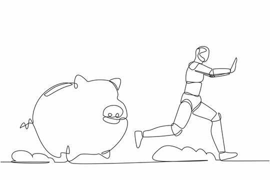 Single continuous line drawing stressed robot being chased by piggy bank. Economic crash. Losing money in tech industry. Robotic artificial intelligence. One line design vector graphic illustration