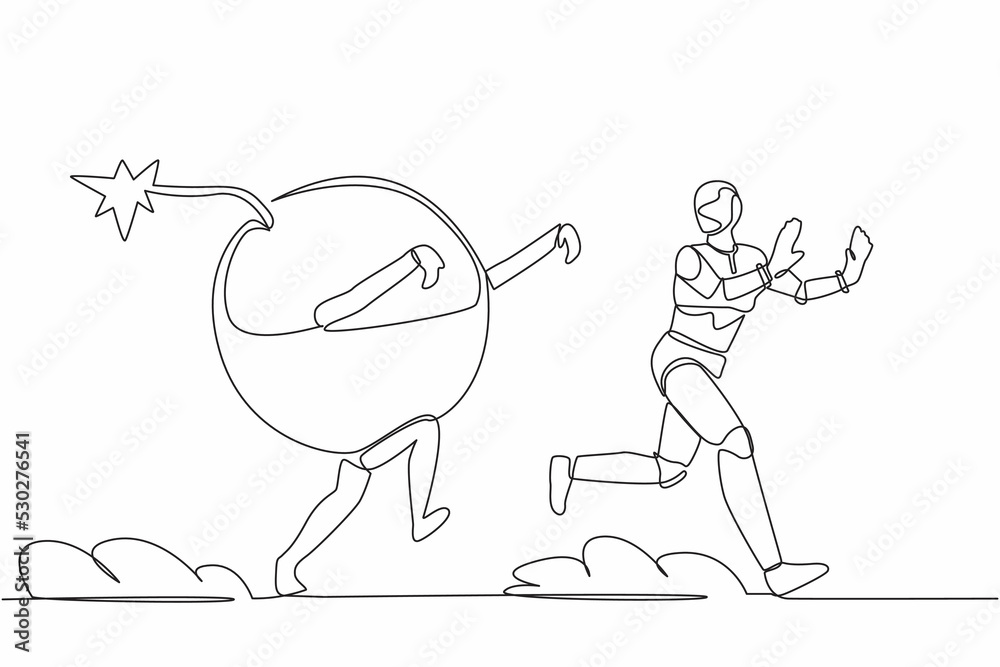 Poster single one line drawing stressed robot being chased by bomb. afraid with ecosystem destruction. futu