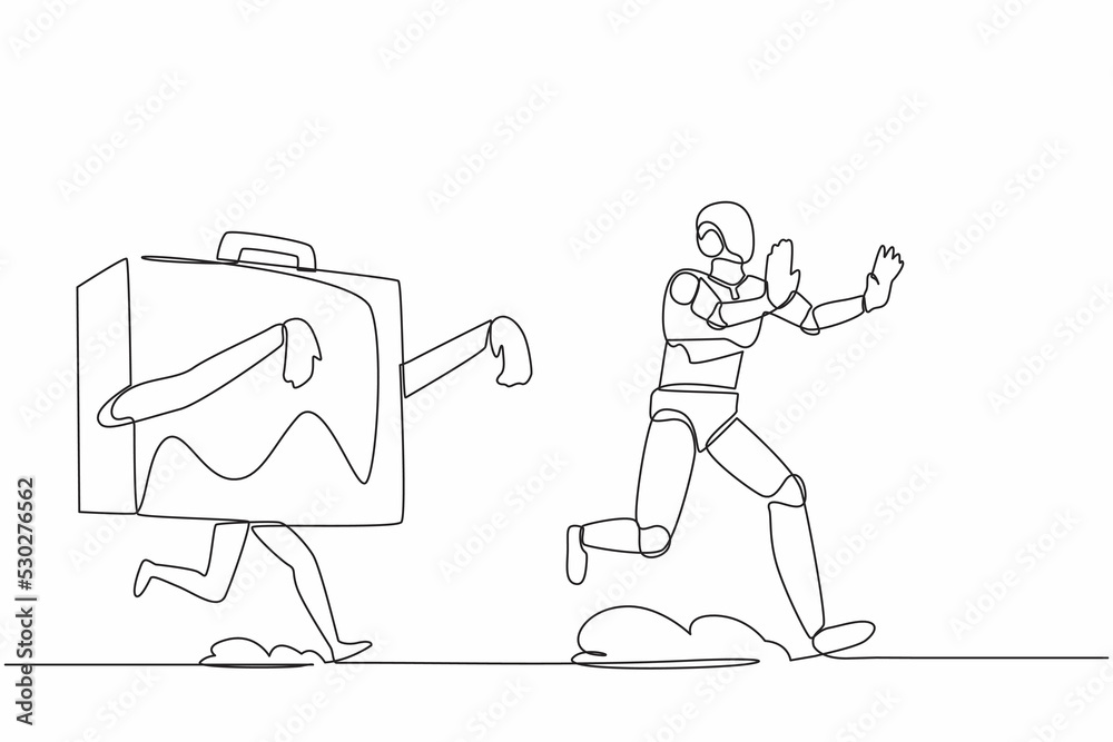 Poster continuous one line drawing stressed robot being chased by briefcase. afraid with evaluation of proj