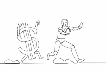 Continuous one line drawing stressed robot being chased by dollar symbol. Afraid with economic or financial crisis. Humanoid robot cybernetic organism. Single line design vector graphic illustration