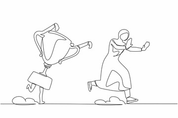Single continuous line drawing fright Arab businesswoman being chased by trophy. Female manager confused with business goals for winning competition. One line draw graphic design vector illustration