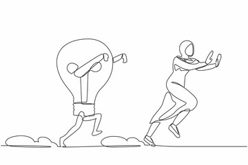 Single one line drawing fright Arab businesswoman being chased by light bulb. Female worker afraid with innovation business idea. Minimal metaphor. Continuous line design graphic vector illustration