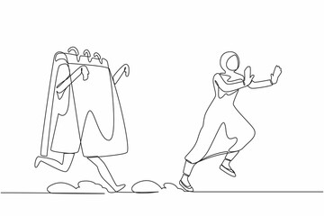 Single one line drawing fright Arab businesswoman being chased by calendar. Female employee afraid with project schedule deadline. Minimal metaphor. Continuous line design graphic vector illustration