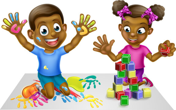 Cartoon Boy and Girl with Paint and Blocks