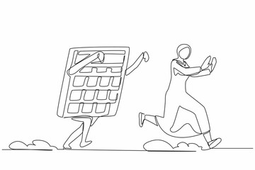 Single continuous line drawing fright Arabian businesswoman being chased by calculator. Female employee difficult in calculations of business project. One line draw graphic design vector illustration