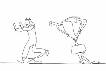 Single one line drawing unhappy Arabian businessman being chased by trophy. Failed with business goals. Unsuccess business victory. Minimal metaphor. Continuous line design graphic vector illustration