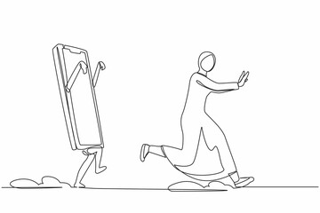 Obraz premium Single one line drawing fright Arabian businesswoman being chased by smartphone. Female employee afraid to talk with boss. Minimal metaphor concept. Continuous line design graphic vector illustration