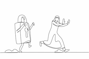 Continuous one line drawing unhappy Arabian businessman being chased by padlock. Manager failed to get business protection security. Minimalist metaphor. Single line design vector graphic illustration
