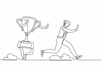 Single continuous line drawing scared businesswoman being chased by trophy. Female worker failed with business direction, mission, vision. Minimalism metaphor. One line draw design vector illustration